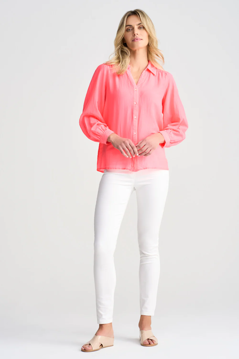 Cotton Silk Blouson Shirt - Neon Coral - Image 3