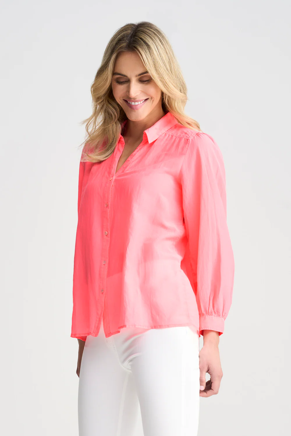 Cotton Silk Blouson Shirt - Neon Coral - Image 4