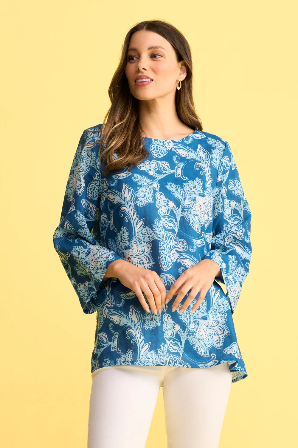 French Linen Button Detail Top - Blue Print - Image 4