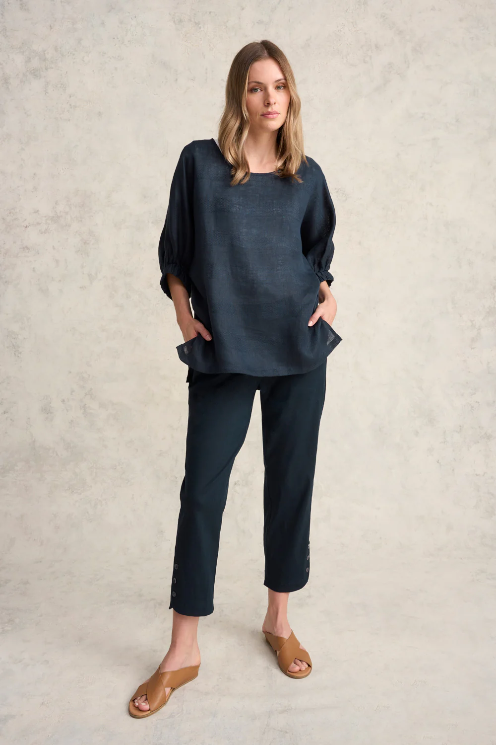 Curved Hem Linen Pant - Ink - Image 4