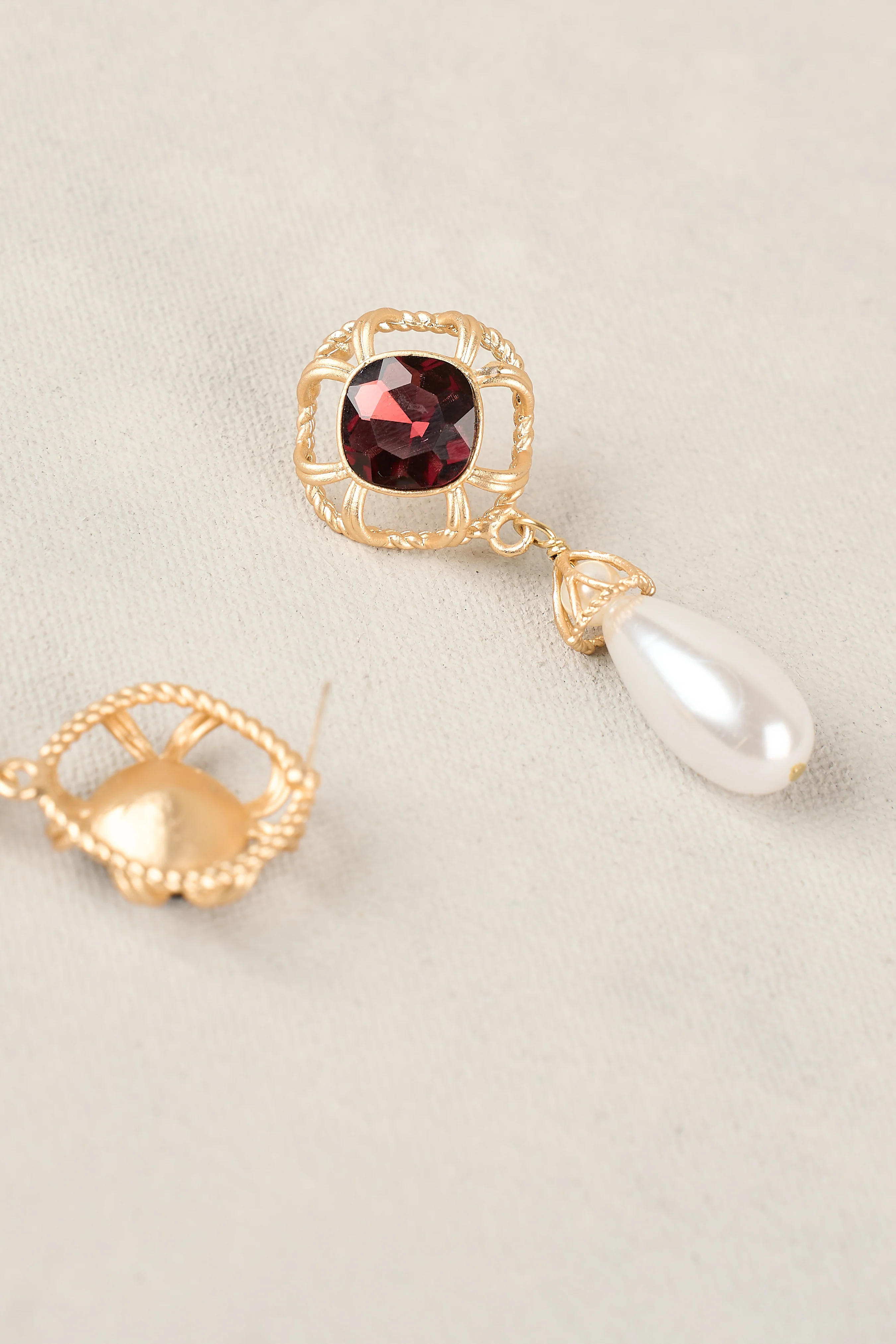 Gem & Pearl Drop Earrings - Gold - Image 4