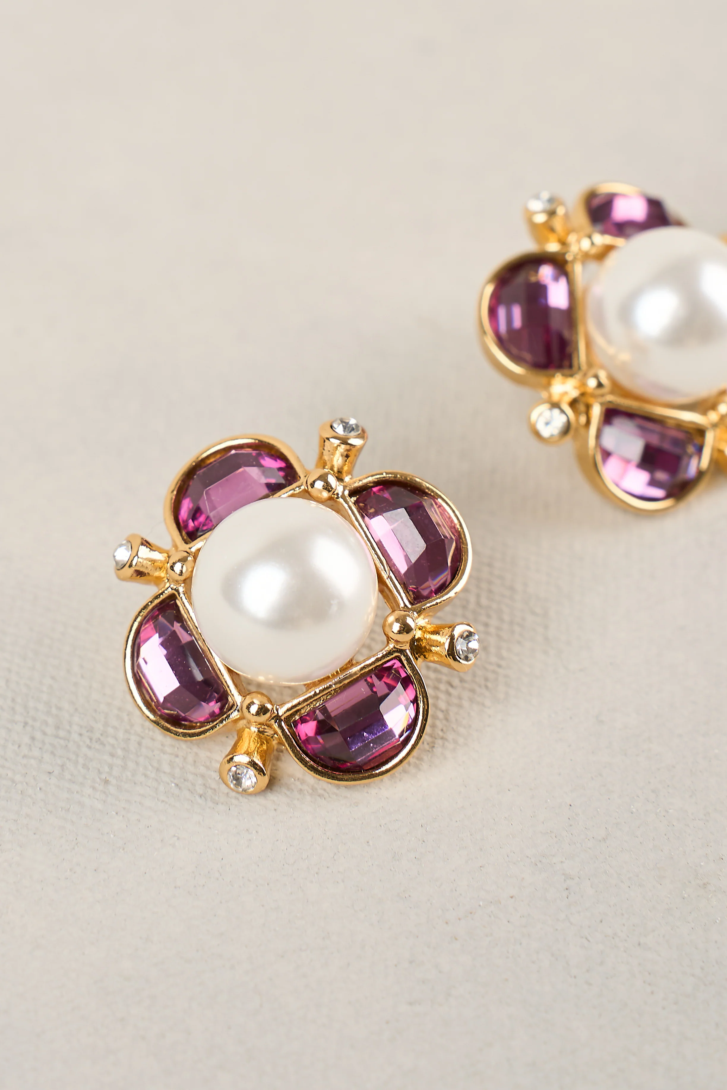 Gem and Pearl Studs - Gold - Image 4