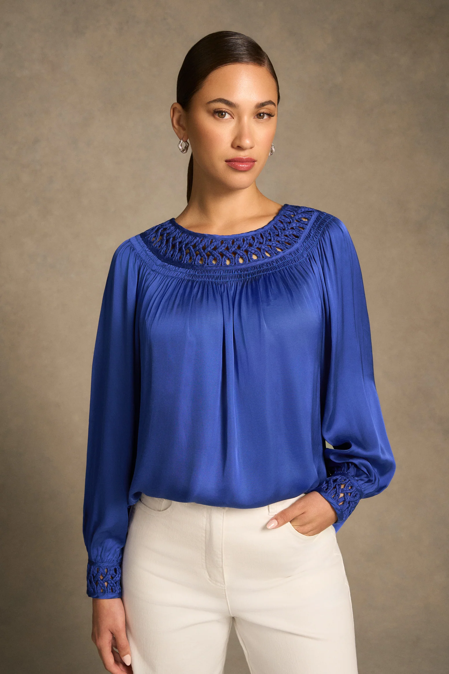 Braided Trim Blouse - Dark Royal Blue - Image 3
