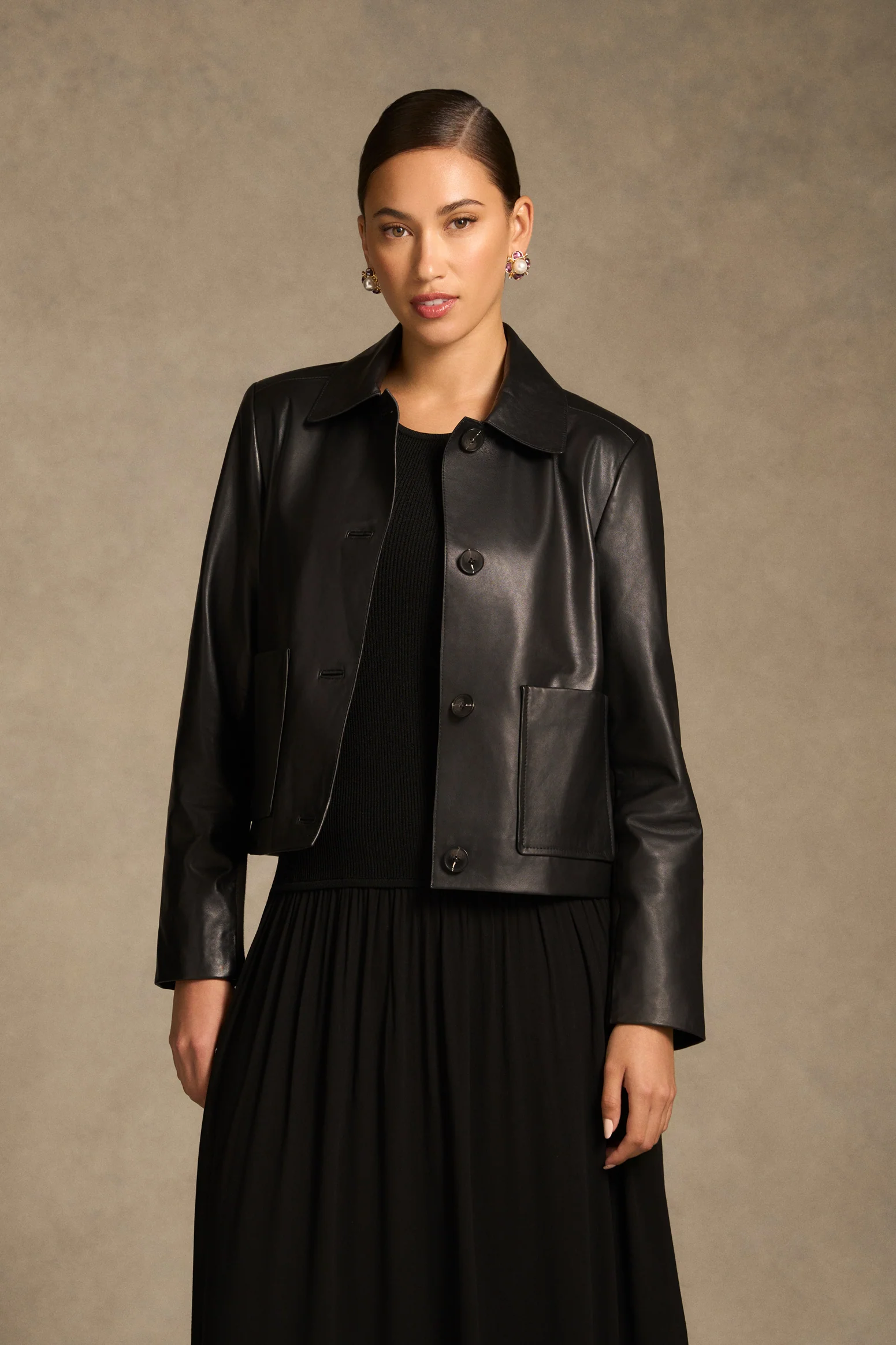 Buttoned Leather Jacket - Black - Image 3