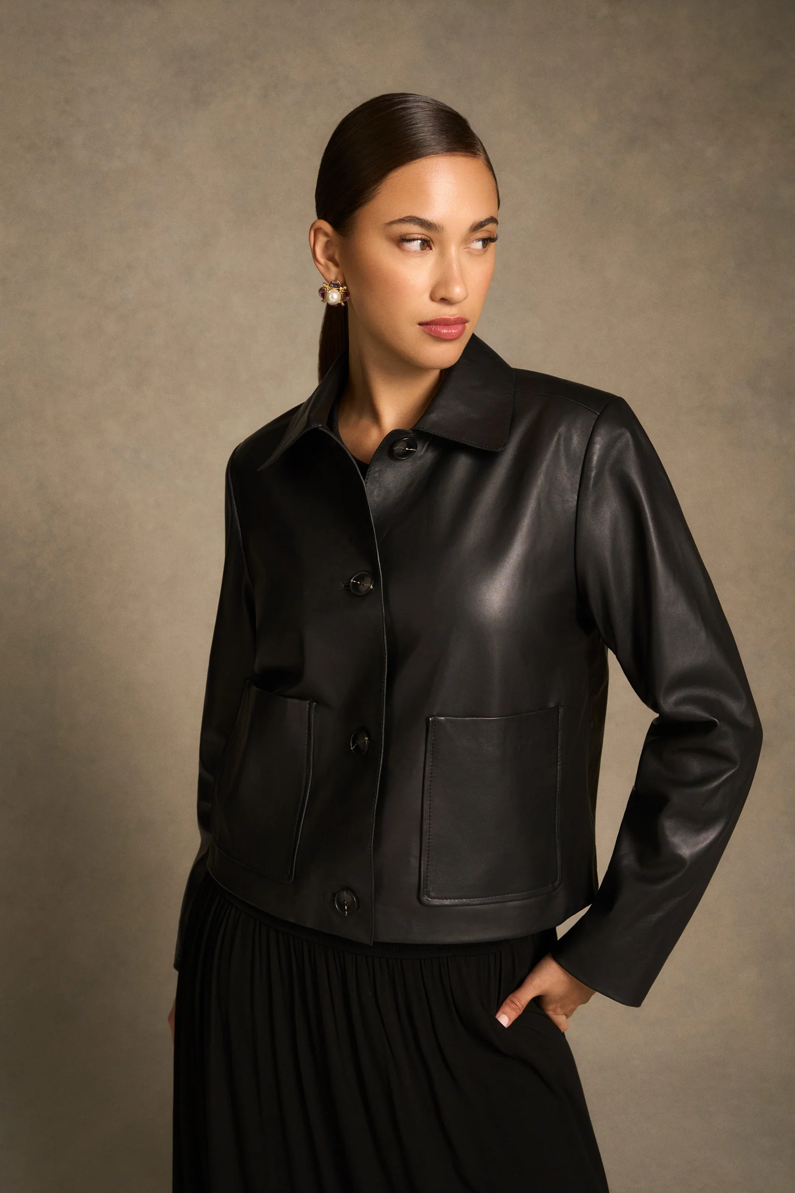 Buttoned Leather Jacket - Black - Image 5