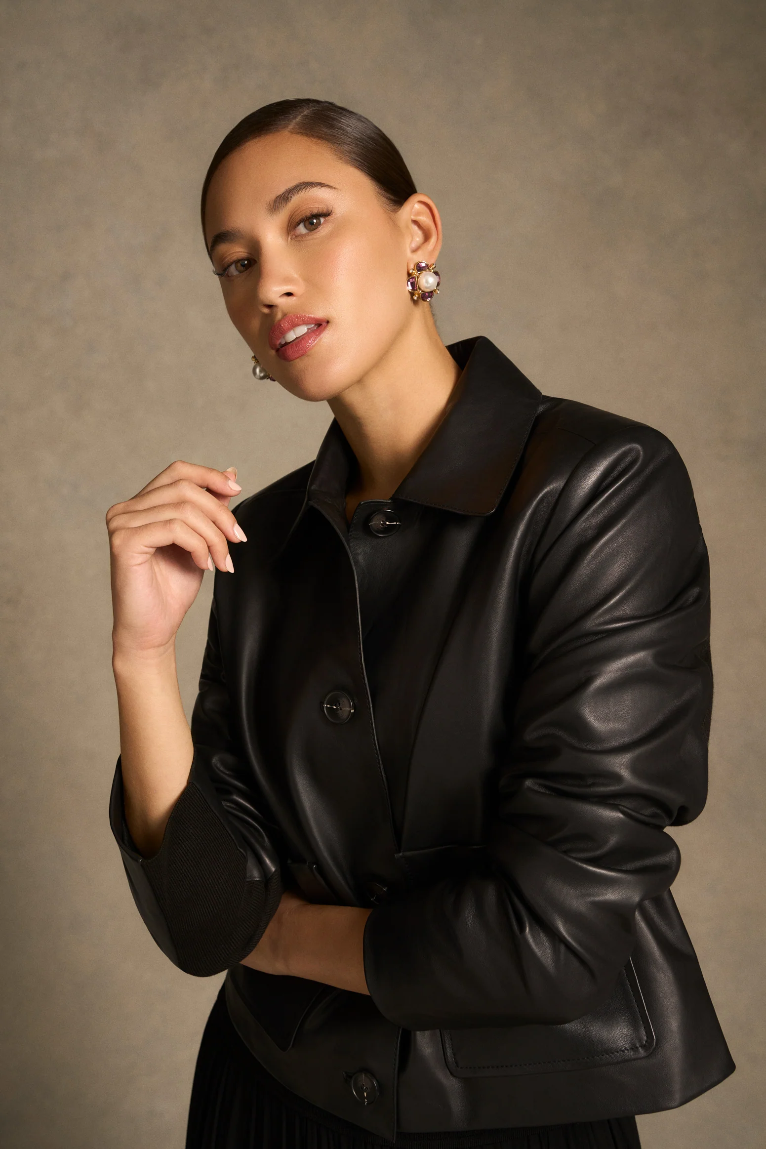 Buttoned Leather Jacket - Black - Image 6