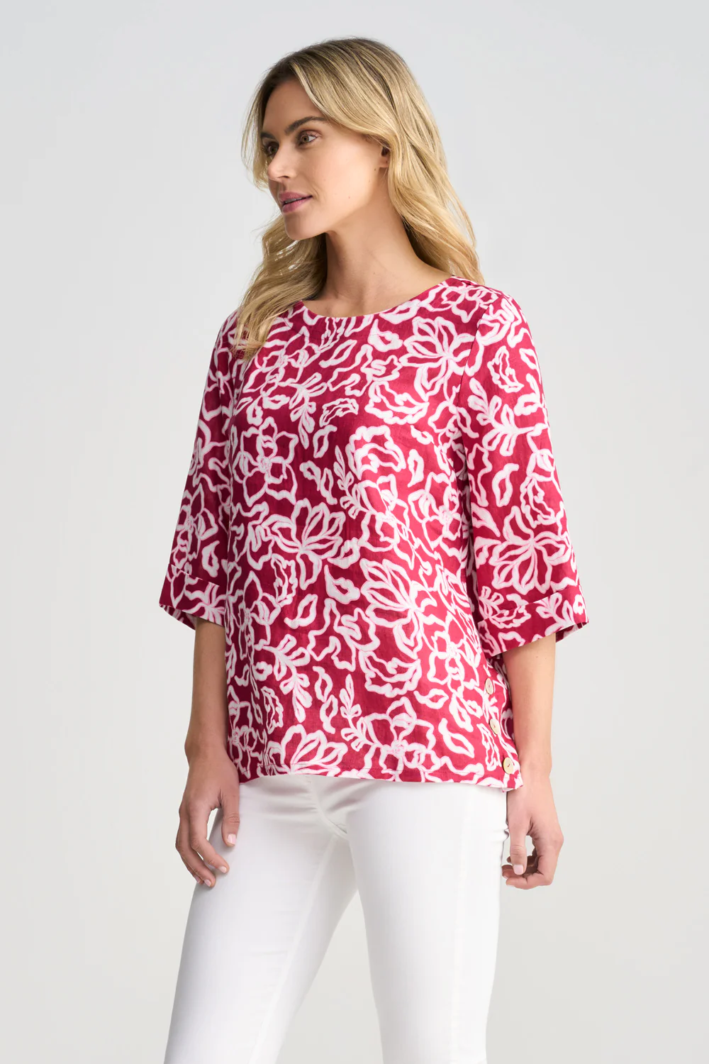French Linen Button Detail Top - Pink White Floral - Image 3