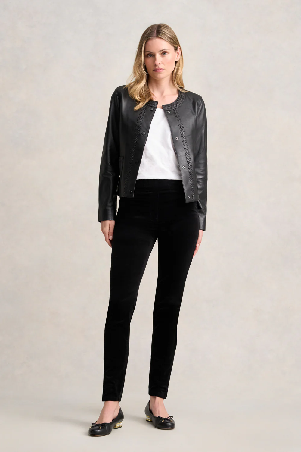 Braid Detail Leather Jacket - Black - Image 3