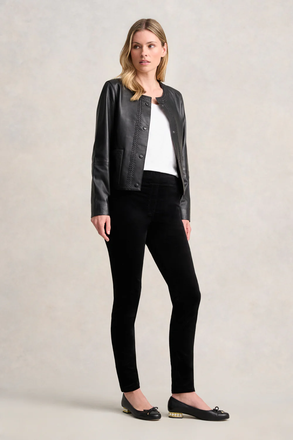 Braid Detail Leather Jacket - Black - Image 4