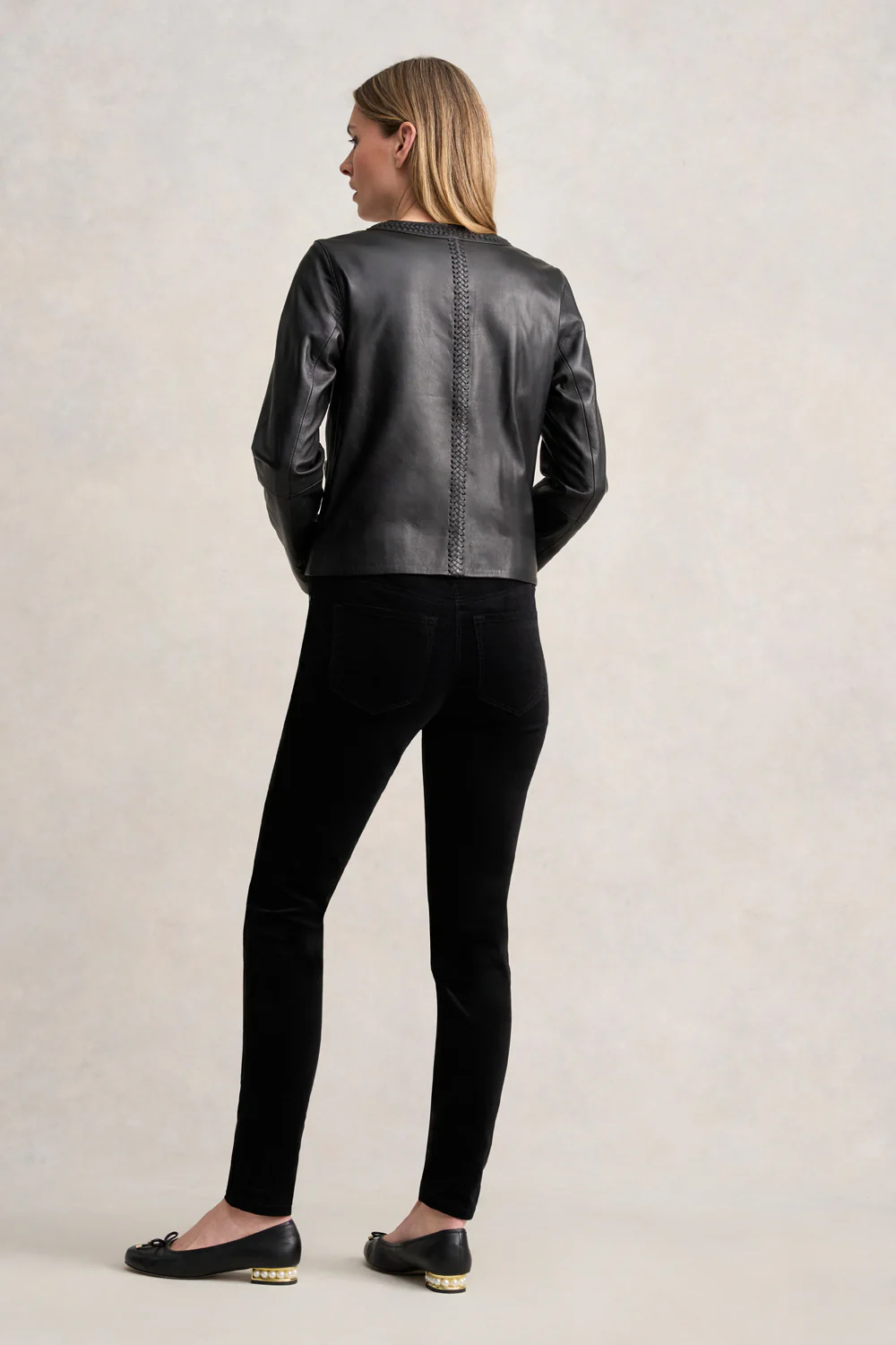 Braid Detail Leather Jacket - Black - Image 5